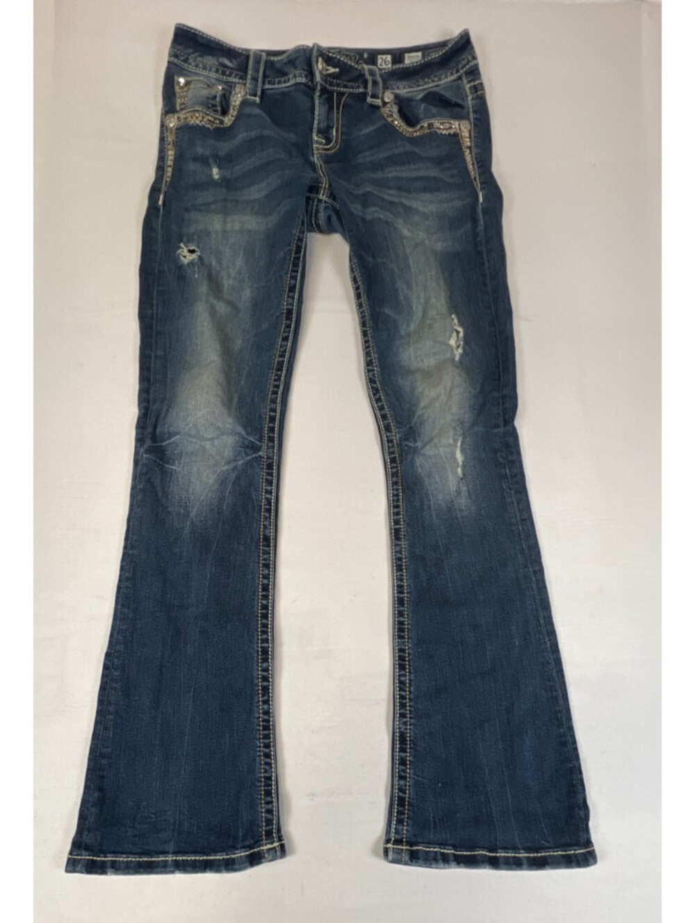 Miss Me Womens Blue 26 Signature Boot Cut Bling Embellished Jeans 31 Inseam